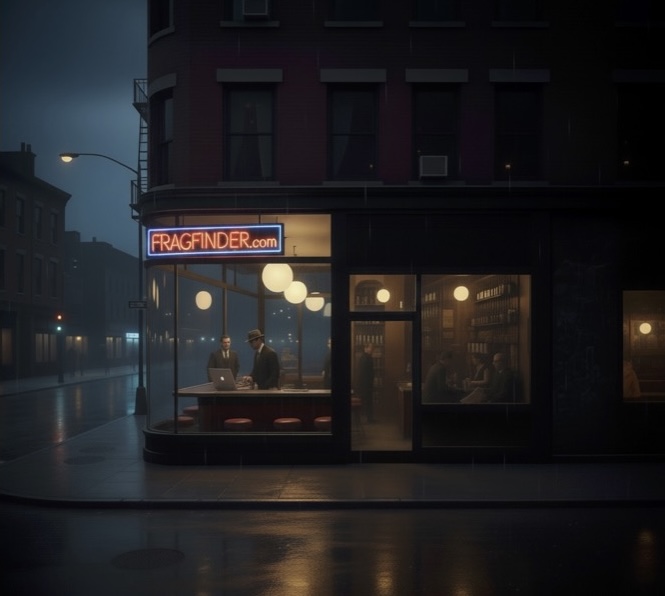 FragFinder.com — A warm glow emanates from a corner establishment on a rainy night